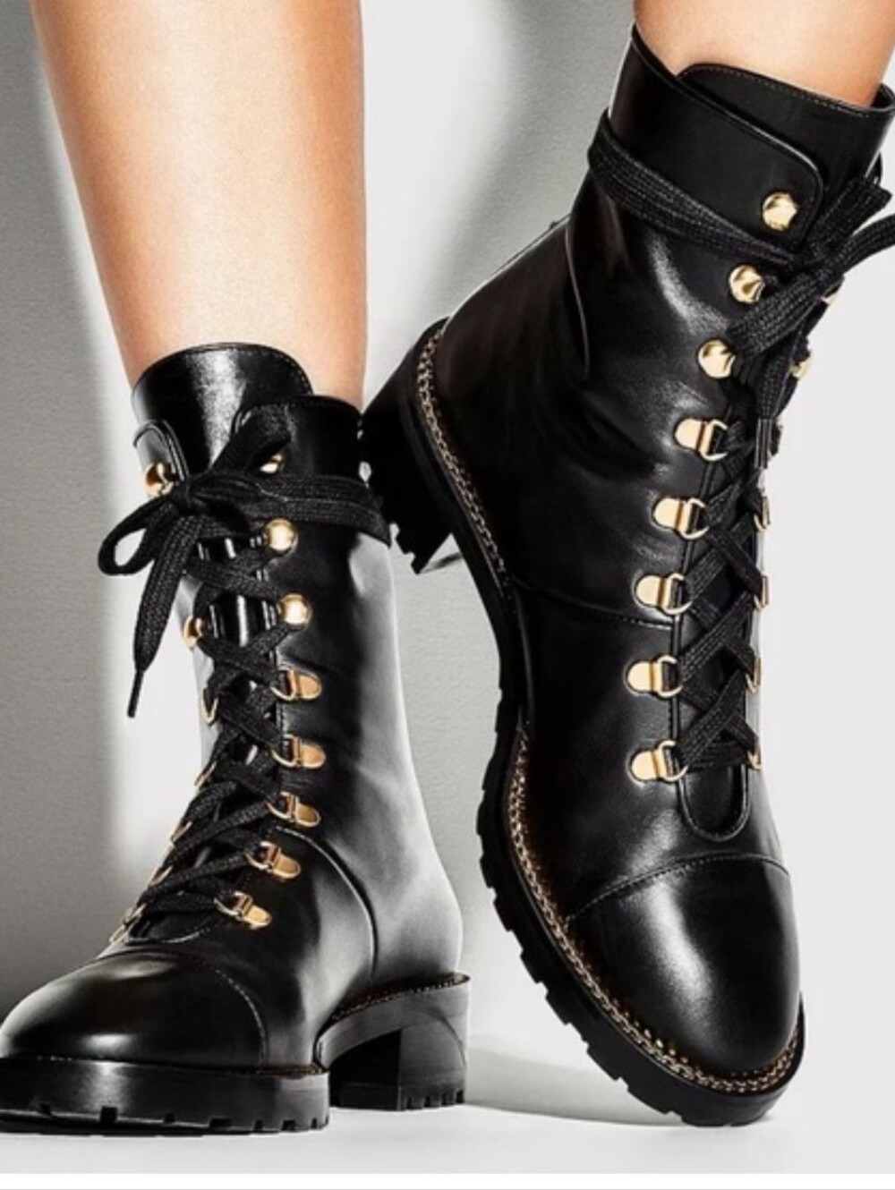 Stuart Weitzman Black Leather Lace-Up Boots with Gold Hardware - Size 5